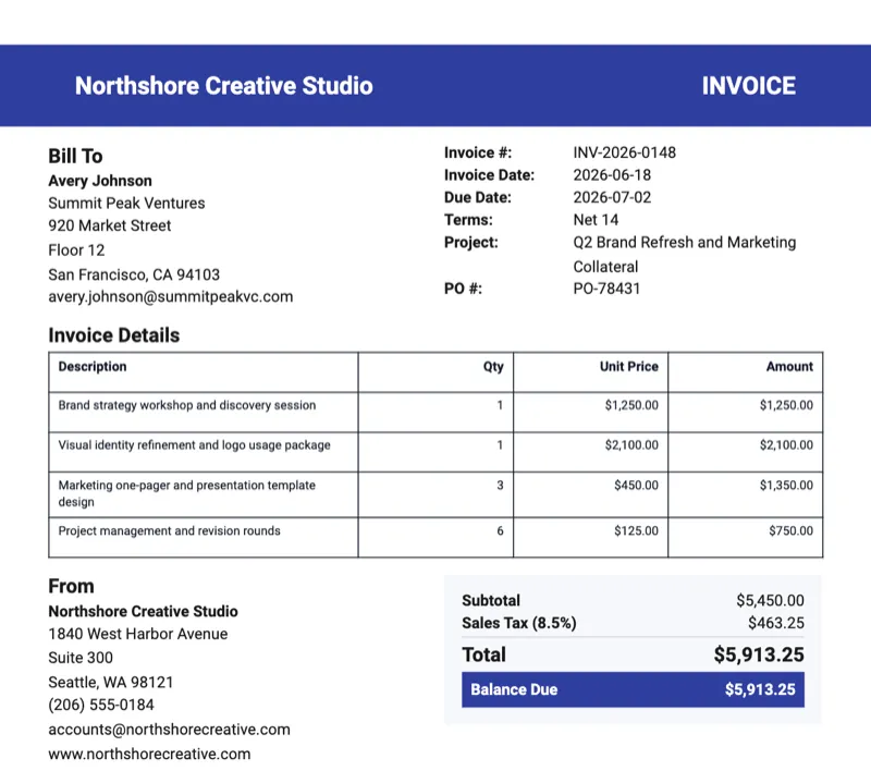 Professional invoice template preview