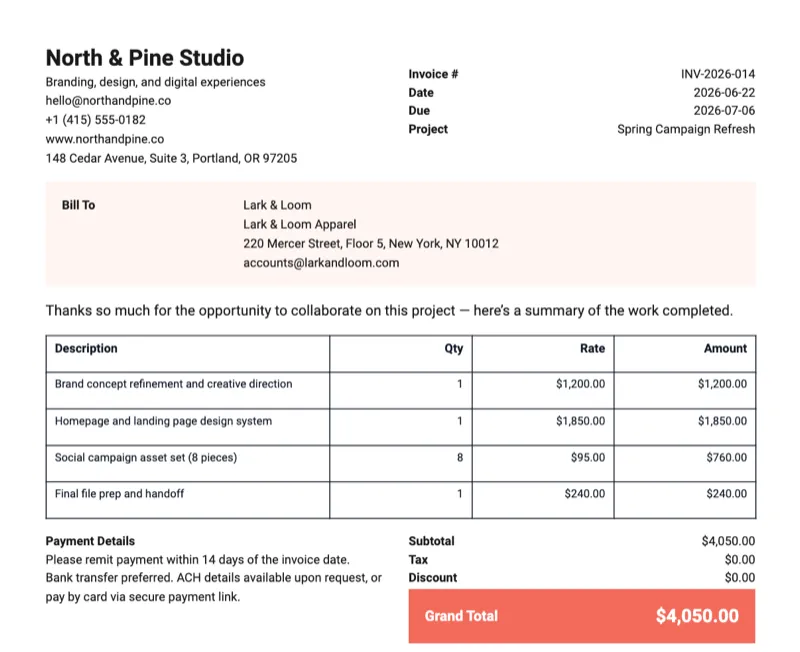 Freelance invoice template preview