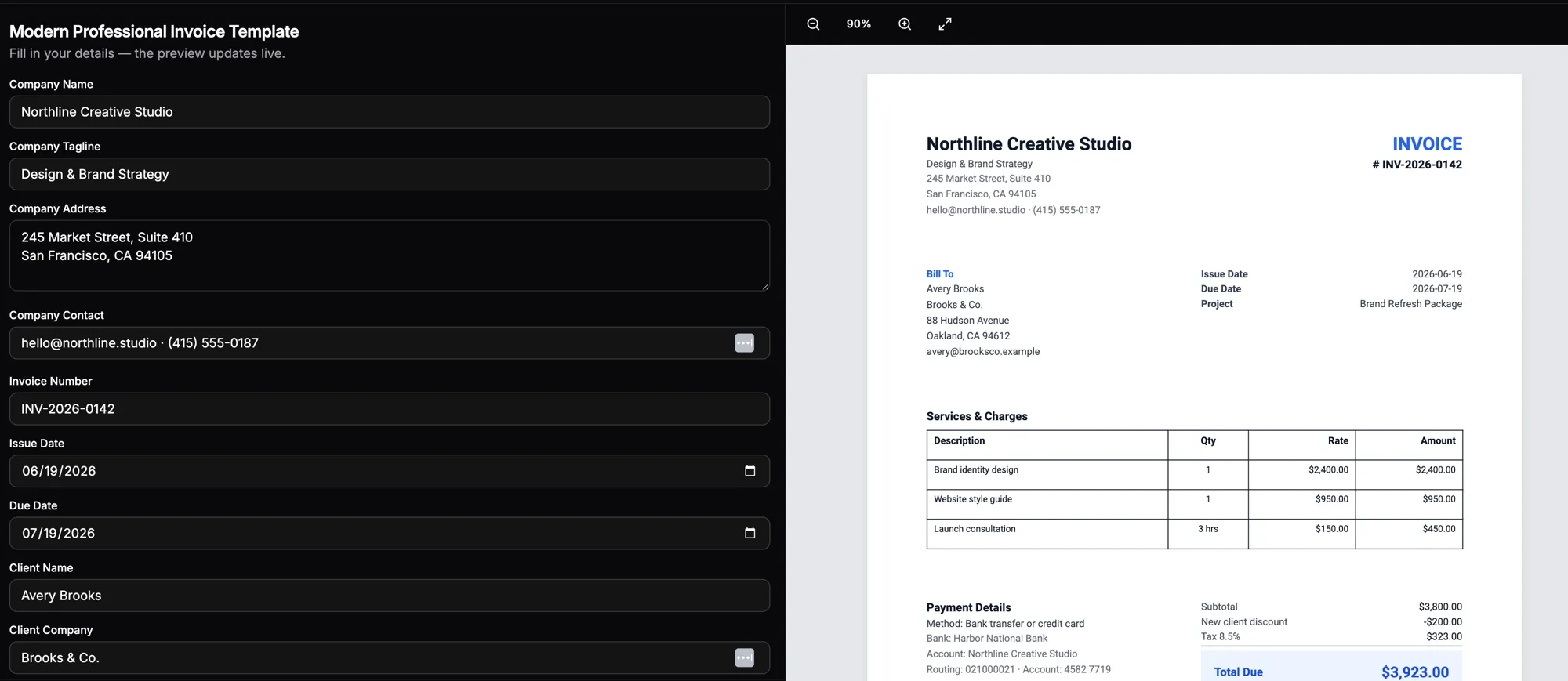 Creating an invoice in InvoiceFluid — fill in the details on the left and the invoice PDF updates live on the right.